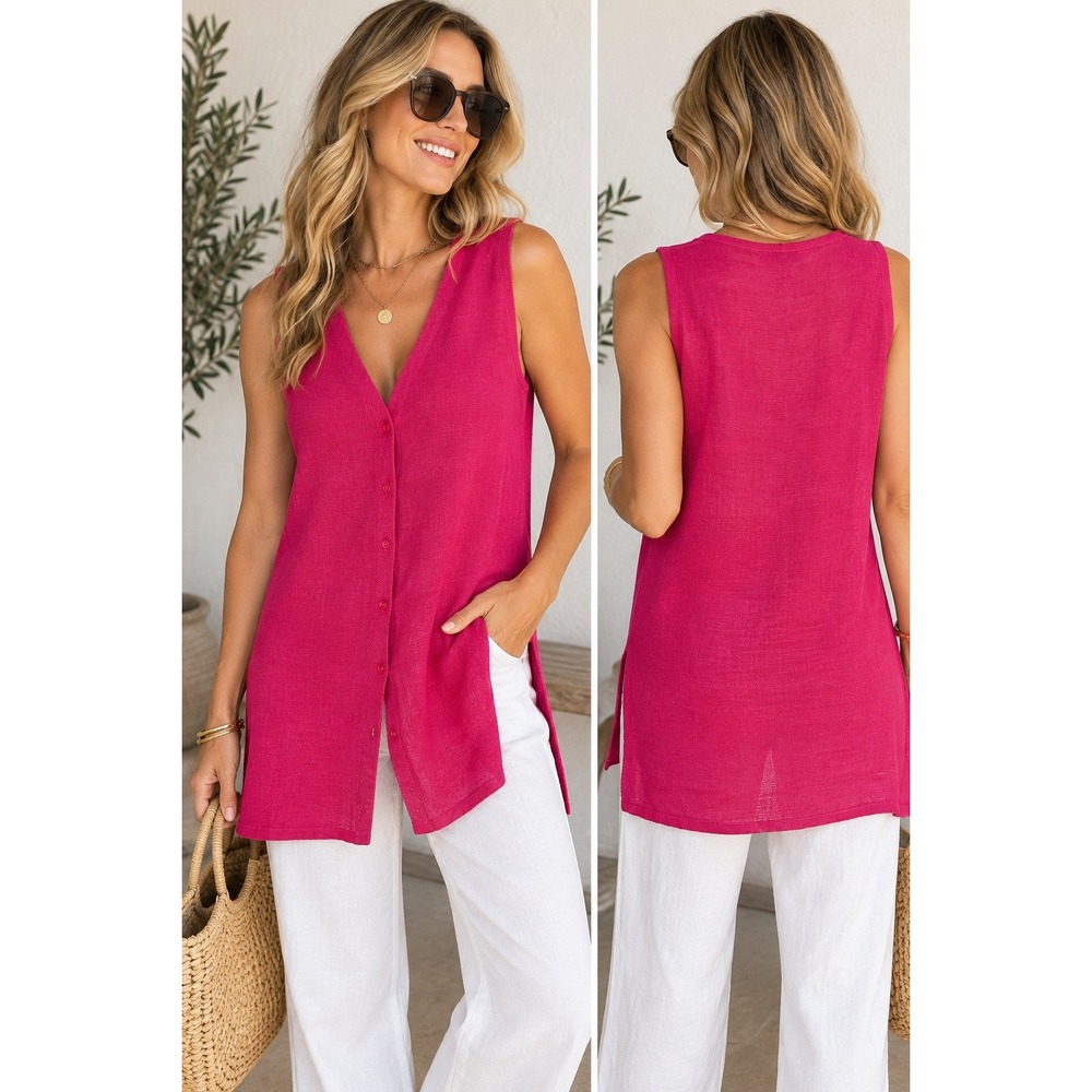 Zara Pink Linen Blend Sleeveless Longline Button Front Cardigan Vest Medium NWT